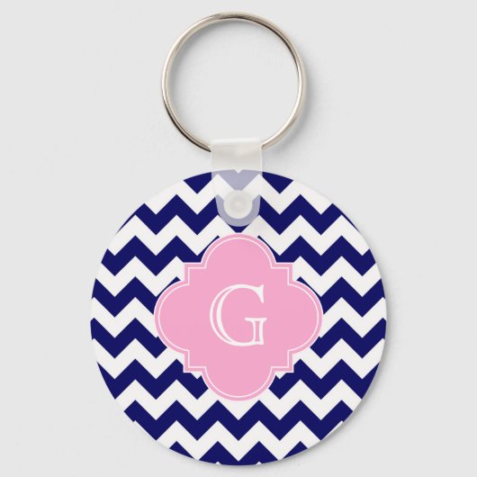 Navy Wht Chevron ZigZag Pink Quatrefoil Monogram Sleutelhanger (Voorkant)