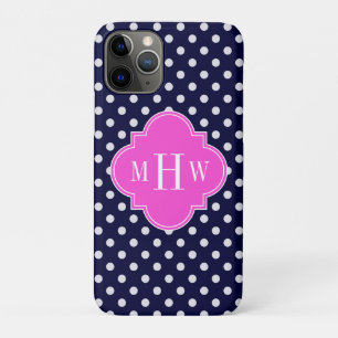 Navy Wht Polka Dot Hot Pink Quatrefoil 3 Monogram iPhone 11 Pro Hoesje