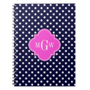 Navy Wht Polka Dot Hot Pink Quatrefoil 3 Monogram Notitieboek