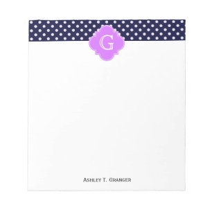 Navy Wht Polka Dot Lila Quatrefoil Monogram Notitieblok
