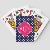 Navy Wht Polka Dot Raspberry Quatrefoil 3 Monogram Speelkaarten (Achterkant)