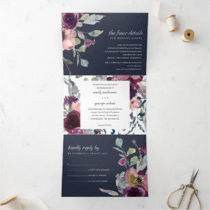 NAVY WILD PAARSE LILA FLORAL WATERVERF WEDING DRIELUIK UITNODIGING