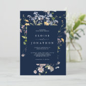 Navy Wildflower Meadow Garden QR Code Bruiloft Kaart (Staand voorkant)