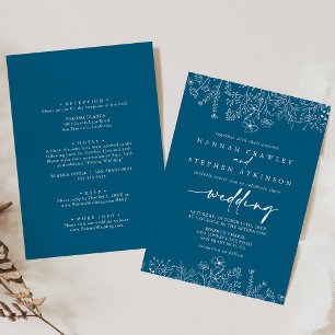 Navy Wildflower voor en achter bruiloft Kaart