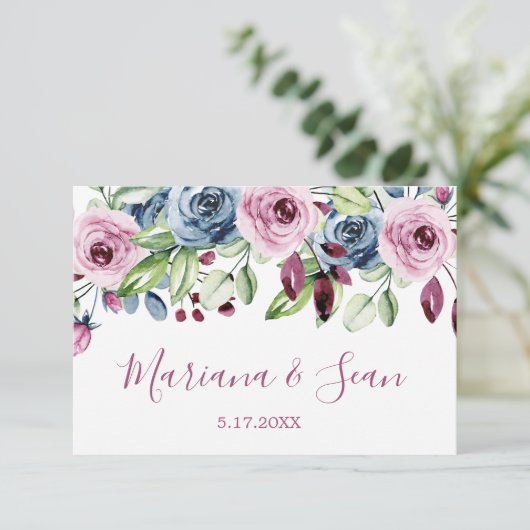 Navy Wine Floral Wedding QR Code Response Kaart (Staand voorkant)