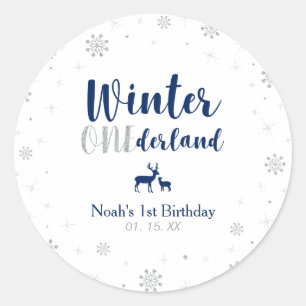 Navy Winter Onderland 1e verjaardag Favor Ronde Sticker