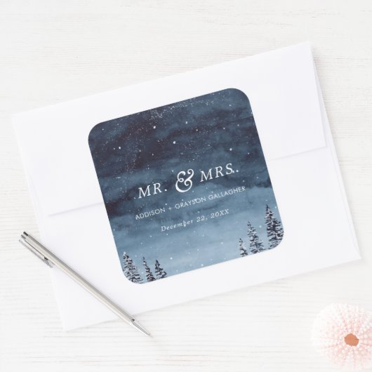 Navy Winter Waterverf Snowy bruiloft Vierkante Sticker (Envelop)
