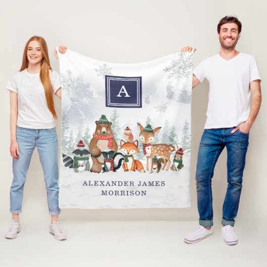 Navy Winter Woodland Animals Snowy Forest Monogram Fleece Deken (In situ)