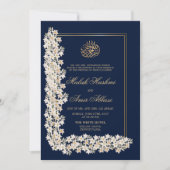 Navy Wit Bloemen Chic Islamitisch Moslim Bruiloft Kaart (Voorkant)