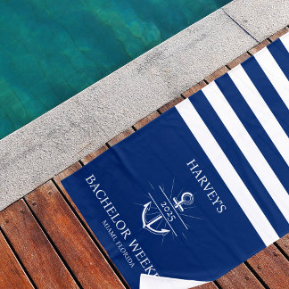 Navy & Wit Gecustomiseerd Jonggezellenweekend Strandlaken