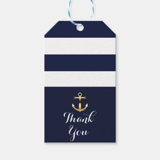 Navy Wit & Goud Anker Nautical Stripes Bruiloft Cadeaulabel (Voorkant)
