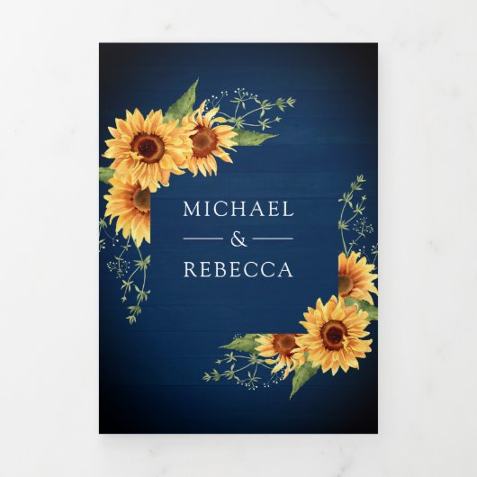 Navy Wood Sunflower Foto Arch QR Code Weddenschap Drieluik Uitnodiging (Cover)
