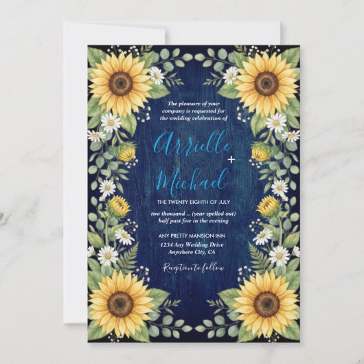 Navy Wood Sunflower Wedding Invitation Rustic (Devant)