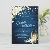 Navy Wood & White Roses Lantern Waterverf bruiloft Kaart (Staand voorkant)