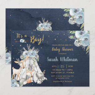 Navy Woodland Animals Tribal Boho Boy Baby shower Kaart