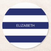 Navy Wt Horizontal Preppy Stripe #2 Naam Monogram Ronde Kartonnen Onderzetter (Voorkant)