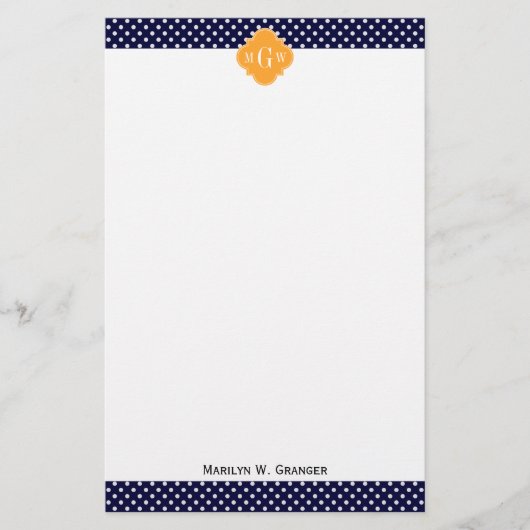 Navy Wt Polka Dot Cantaloupe Quatrefoil 3 Monogram Briefpapier (Voorkant)