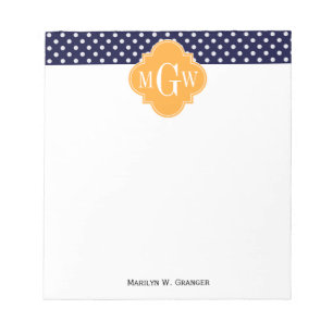 Navy Wt Polka Dot Cantaloupe Quatrefoil 3 Monogram Notitieblok