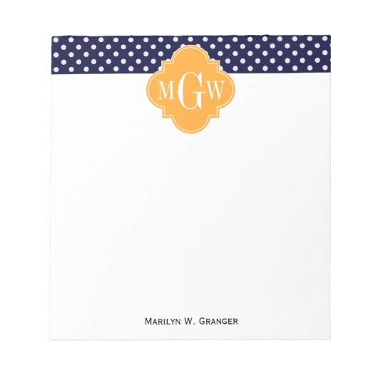 Navy Wt Polka Dot Cantaloupe Quatrefoil 3 Monogram Notitieblok (Voorkant)