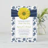 Navy Yellow Damask Daisy Wedding Invitation Kaart (Staand voorkant)