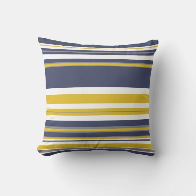 Navy Yellow en Grey Stripes Buitenkussen (Voorkant)