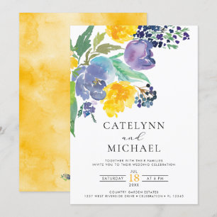 Navy Yellow en Paars Bright Floral Wedding Kaart