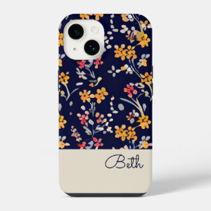 Navy Yellow Gepersonaliseerde Wildflower iPhone 14 Hoesje
