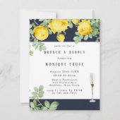 Navy Yellow Rose Rustic Brunch & Bubble Invites Kaart (Voorkant)