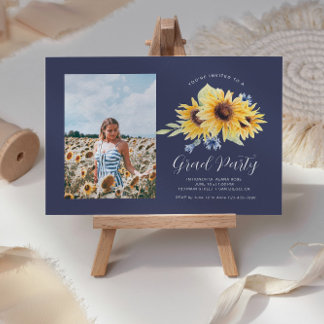 Navy + Yellow Sunflower Afstuderen Foto uitnodigin Kaart