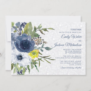 Navy Yellow White Floral en Lace Garden Wedding Kaart