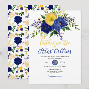 Navy & Yellowish Gold Floral Bouquet Wedding Invit Kaart