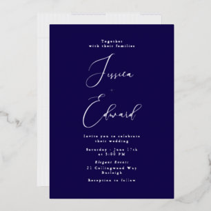 Navy & Zilver Folie Elegante Script Bruiloft Uitnodiging