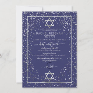 Navy Zilver Glitter Confetti Rand Bat Mitzvah Kaart