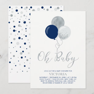 Navy & Zilveren Ballonnen Oh Baby Boy Baby Showe Kaart