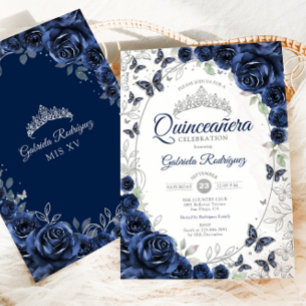 Navy Zilveren Bloemige Quinceanera Kaart