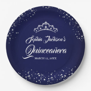 Navy Zilveren Diamant Glitter Jurk Quinceanera Papieren Bordje