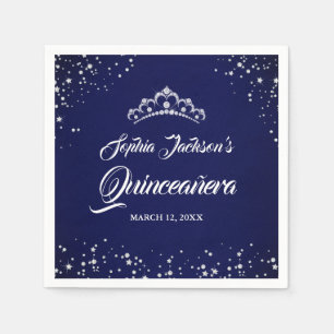 Navy Zilveren Diamanten Kant Glans Jurk Quinceaner Servet