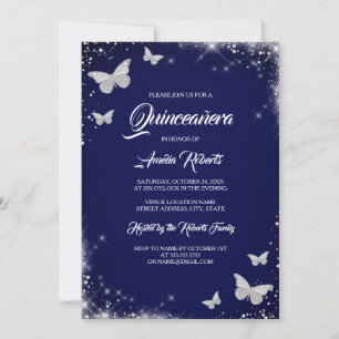Navy Zilveren Waterverf Vlinder Jurk Quinceanera Kaart