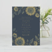 Navy zonnebloem bruiloft kaart (Staand voorkant)