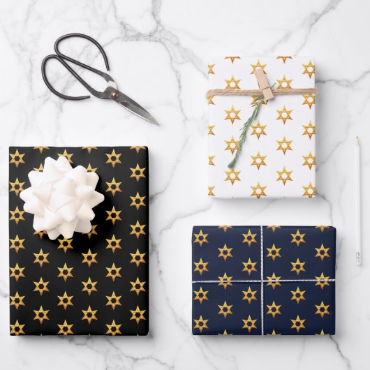Navy zwart en wit Chanoeka Golden David Star Inpakpapier Vel (Voorkant)