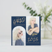 Navyblauw 2 Gebogen Afstuderen Foto Uitnodiging (Staand voorkant)