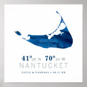 Navyblauw aquarel Nantucket kaart coördinaten Poster (Voorkant)