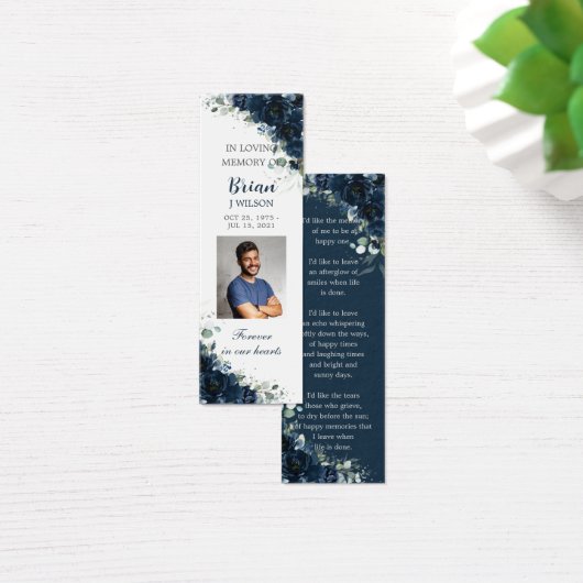 Navyblauw Bloemig Foto Funeral Herdenkingsbladwijz Mini Visitekaartjes (Bureau)