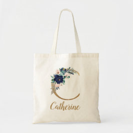 Navyblauw blozend bloemmotief gouden letter C Tote Bag