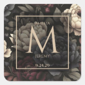 Navyblauw & bordeauxrood melancholische bloemen vierkante sticker (Voorkant)