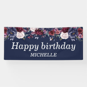 Navyblauw Bourgondische bloem Happy Birthday Naam Spandoek