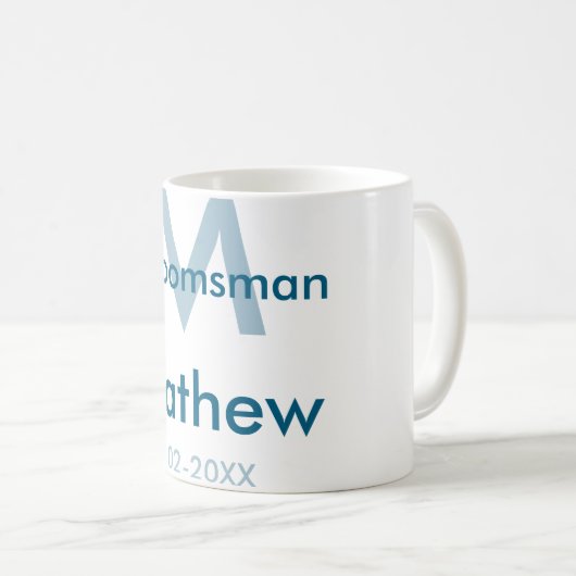 Navyblauw bruidsjonker naam letter datum mannelijk koffiemok (Voorkant rechts)