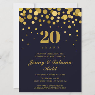 Navyblauw en goud 20-jarig huwelijksjubileum kaart