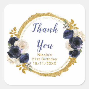 Navyblauw en gouden elegante bloemen verjaardag vierkante sticker