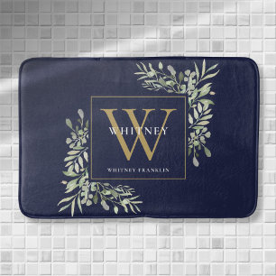 Navyblauw en gouden monogram groene bladeren badmat